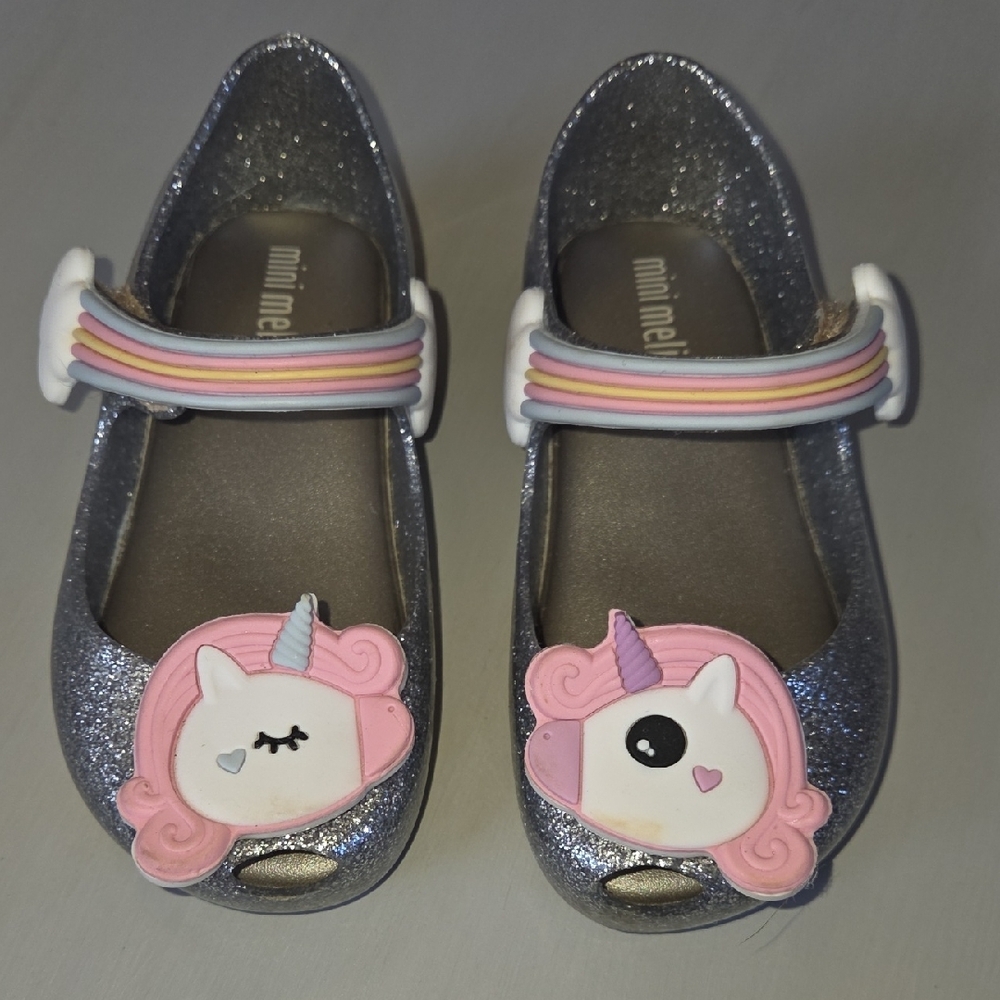 Mini Melissa Silver and Pink SPARKLE Shoes with Unicorn Design